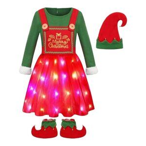 Girls XL Christmas Elf Led Light Up Dress Suit Santa Helper Costume Holiday Play